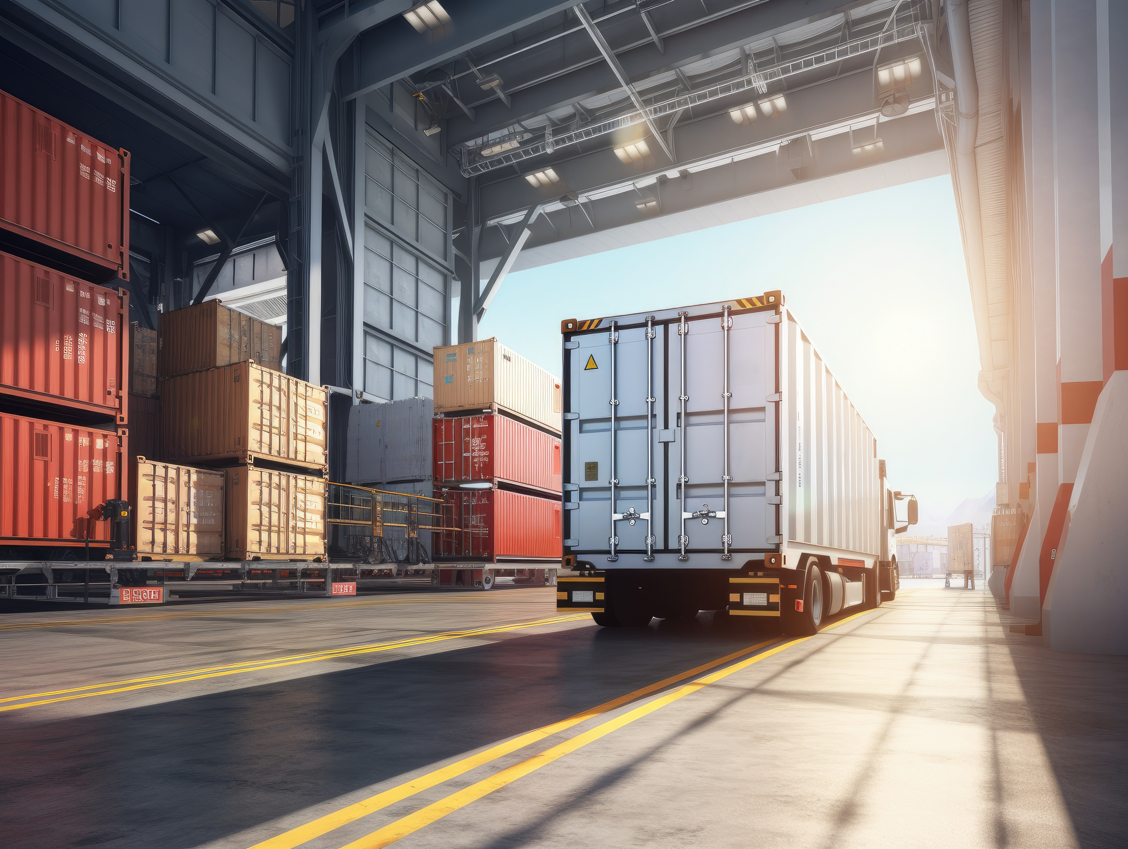 Vrachtwagen die een laadkade van een magazijn verlaat met gestapelde zeecontainers, als illustratie van Best WMS for 3PL-operaties en efficiënt beheer van third-party logisti