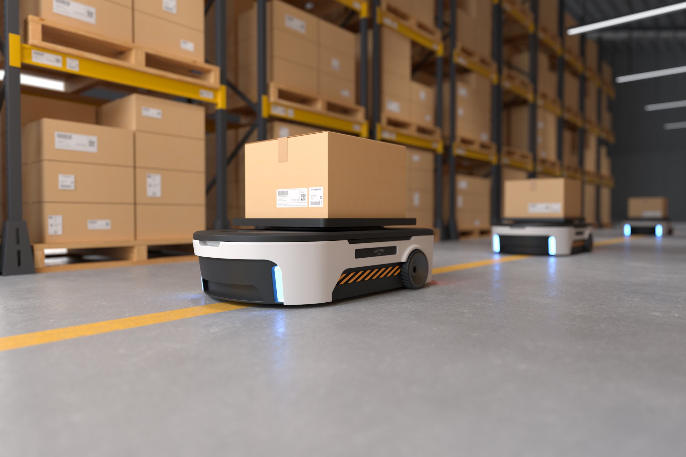 Robotvervoer van pakketten in een geautomatiseerd magazijn
